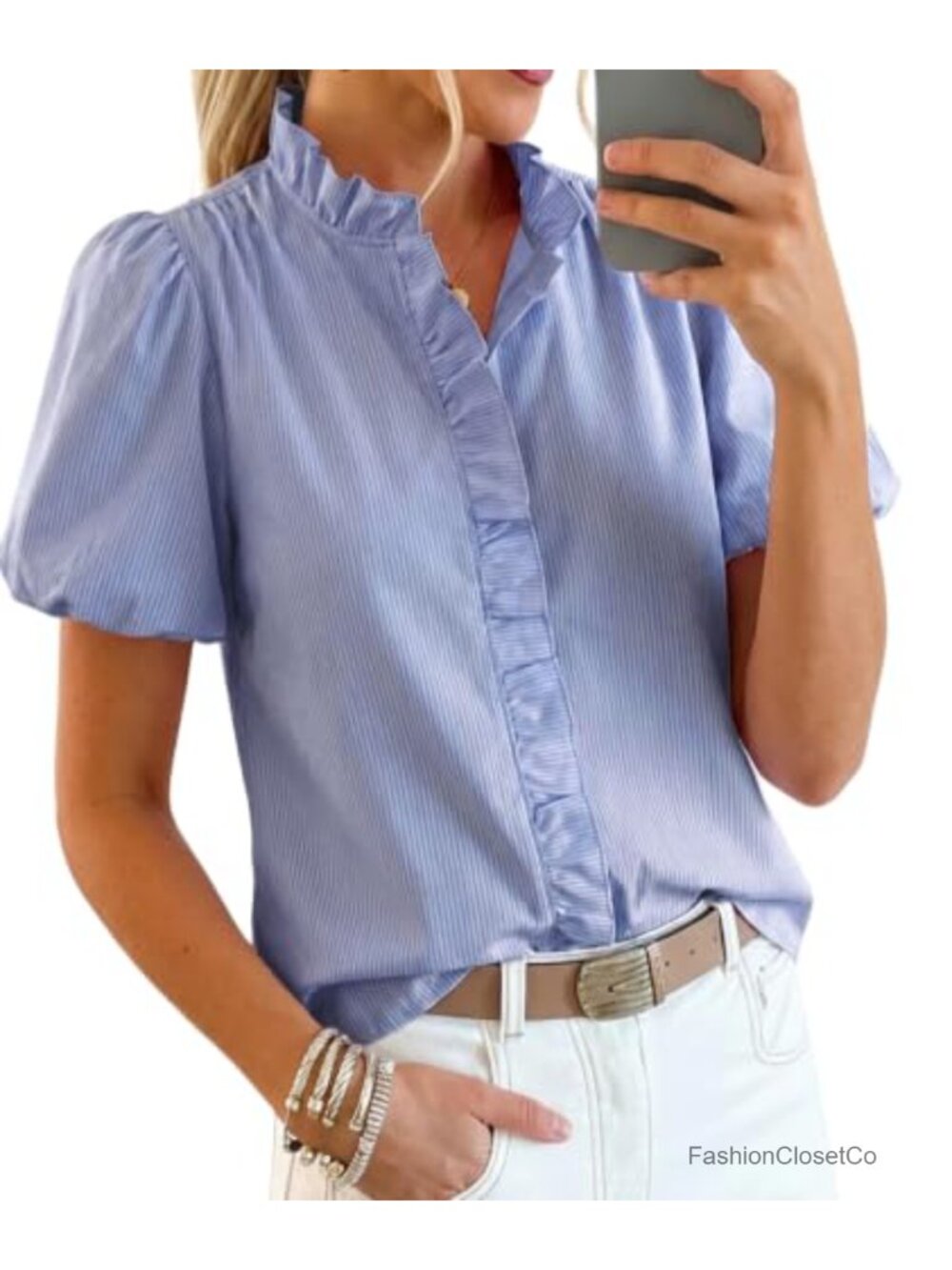 Women's Cotton Blend Puff Sleeve Button Down Blouse Ruffle Collar Work Top